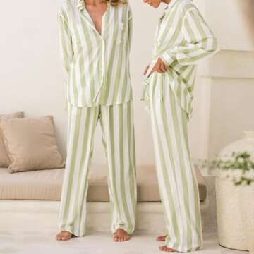 Argeousgor Women Y2k 2 Piece Pajamas Sets Striped Long Sleeve Button Down Shirt Top Straight Wide Leg Pants Lounge Outfits (Green, M)