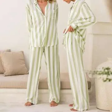 Argeousgor Women Y2k 2 Piece Pajamas Sets Striped Long Sleeve Button Down Shirt Top Straight Wide Leg Pants Lounge Outfits (Green, M)