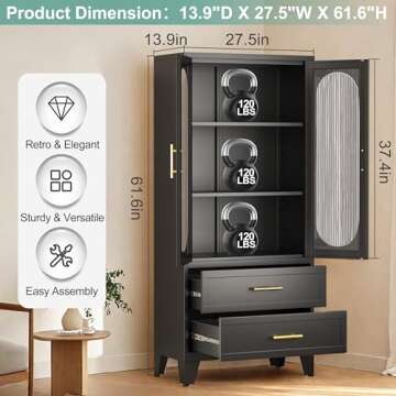 winiowa 61" Tall Kitchen Pantry Storage Cabinet, Black Metal Storage Cabinet with Adjustable Shelves...
