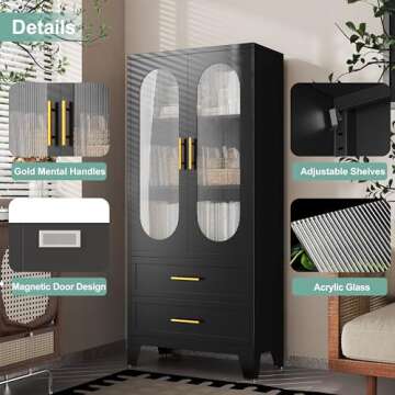 winiowa 61" Tall Kitchen Pantry Storage Cabinet, Black Metal Storage Cabinet with Adjustable Shelves & Glass Doors & Drawers, Food Pantry Cabinets for Kitchen, Bathroom, Dinning Room, Living Room