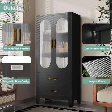 winiowa 61" Tall Kitchen Pantry Storage Cabinet, Black Metal Storage Cabinet with Adjustable Shelves & Glass Doors & Drawers, Food Pantry Cabinets for Kitchen, Bathroom, Dinning Room, Living Room