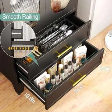 winiowa 61" Tall Kitchen Pantry Storage Cabinet, Black Metal Storage Cabinet with Adjustable Shelves & Glass Doors & Drawers, Food Pantry Cabinets for Kitchen, Bathroom, Dinning Room, Living Room