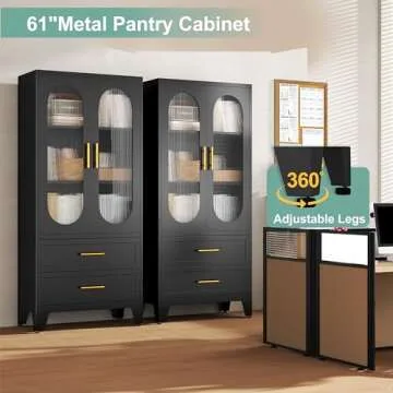 winiowa 61" Tall Kitchen Pantry Storage Cabinet, Black Metal Storage Cabinet with Adjustable Shelves & Glass Doors & Drawers, Food Pantry Cabinets for Kitchen, Bathroom, Dinning Room, Living Room