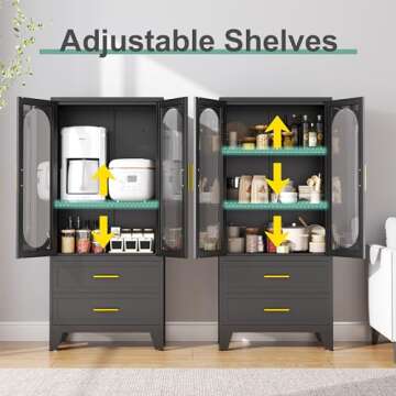 winiowa 61" Tall Kitchen Pantry Storage Cabinet, Black Metal Storage Cabinet with Adjustable Shelves & Glass Doors & Drawers, Food Pantry Cabinets for Kitchen, Bathroom, Dinning Room, Living Room