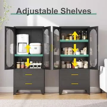 winiowa 61" Tall Kitchen Pantry Storage Cabinet, Black Metal Storage Cabinet with Adjustable Shelves & Glass Doors & Drawers, Food Pantry Cabinets for Kitchen, Bathroom, Dinning Room, Living Room