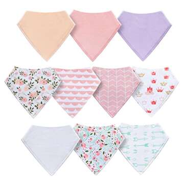 MiiYoung 10-Pack Baby Bandana Drool Bibs for Girls with Adjustable Snaps, Organic Cotton Soft and Ab...
