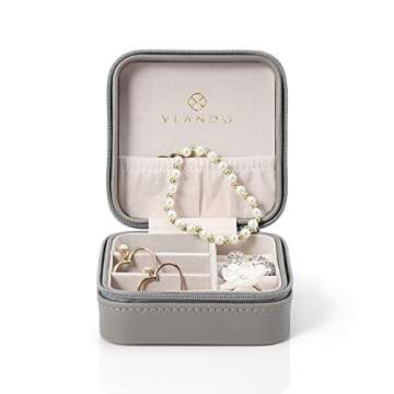 Vlando Small Faux Leather Travel Jewelry Box Organizer Display Storage Case for Rings Earrings Necklace, Gray