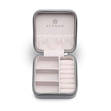 Vlando Small Faux Leather Travel Jewelry Box Organizer Display Storage Case for Rings Earrings Necklace, Gray