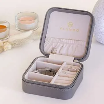 Vlando Small Faux Leather Travel Jewelry Box Organizer Display Storage Case for Rings Earrings Necklace, Gray