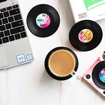 Funny Retro Record Coasters for Drinks with Vinyl Player Holder for Music Lovers,Set of 6 Conversati...