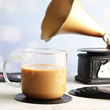 Funny Retro Record Coasters for Drinks with Vinyl Player Holder for Music Lovers,Set of 6 Conversation Piece Sayings Drink Coaster,Housewarming Hostess Wedding Registry Gift Ideas