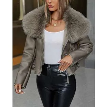 Bellivera Women's Faux Leather Jacket Moto Biker Sherpa-Lined Coat with Removable Fur Collar 267 Khaki M