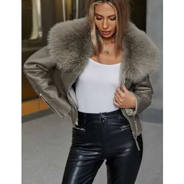 Bellivera Women's Faux Leather Jacket Moto Biker Sherpa-Lined Coat with Removable Fur Collar 267 Khaki M