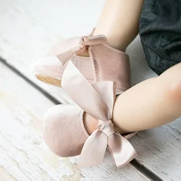 KIDSUN Infant Baby Girls Mary Jane Shoes Soft Sole Ballet Slippers Bow Princess Newborn Dress Wedding Flat Shoes (3-6 Months Infant, A-Beige(Velvet), 3_Months)