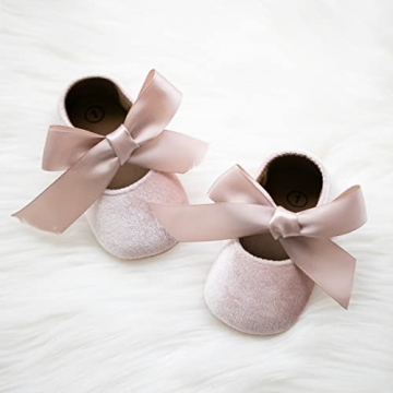 KIDSUN Infant Baby Girls Mary Jane Shoes Soft Sole Ballet Slippers Bow Princess Newborn Dress Wedding Flat Shoes (3-6 Months Infant, A-Beige(Velvet), 3_Months)