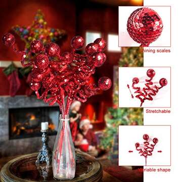 ZHANYIGY 6PC Set Red Christmas Tree Decoration Sequins Ball Curly Pick, Christmas Tree Decorations Christmas Tree Topper Star Home Office Perfect Party Decorations Gifts