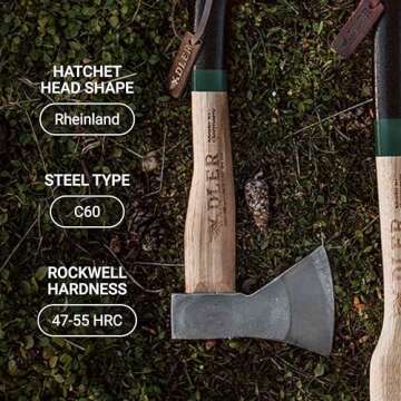 Adler - The Rheinland, 14", German Forged, All-Purpose Wilderness Camping Hatchet, Kindling Splitting & Branch Limbing, Anti-Slip Wood Handle (Red Stripe)