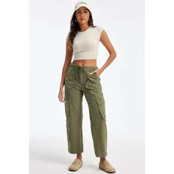 GREAIDEA Cargo Pants for Women Low Rise Drawstring Waist 7 Pockets Hiking Work Wide Leg Pants with Zipper Button Closure Army Green