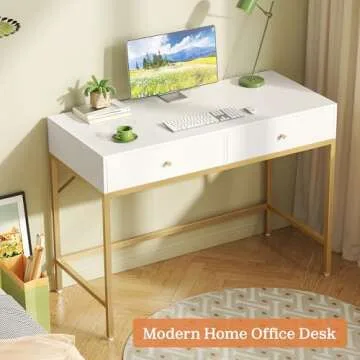 Chic SUPERJARE 39.4" White & Gold Desk for Home Office