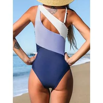 CUPSHE Women Color Contrast One Piece Swimsuit One Shoulder Cut Out Back Tummy Control Bathing Suit, M Purple