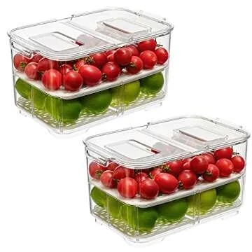 SANNO Fridge Food Storage Container Storage Containers, Produce Saver with Lids and Vents,Vegetable Fruit Storage Containers Stackable Salad Lettuce Keeper for Refrigerator，set of 2