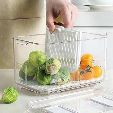 SANNO Fridge Food Storage Container Storage Containers, Produce Saver with Lids and Vents,Vegetable Fruit Storage Containers Stackable Salad Lettuce Keeper for Refrigerator，set of 2