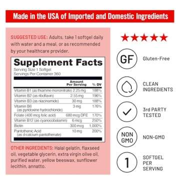 NatureWise Vitamin B Complex for Women and Men - with Folic Acid Biotin B1 B2 B3 B6 B12 - Support Cellular Energy & Mental Clarity - Gluten & Dairy Free, Non-GMO - 360 Softgels[1-Year Supply]