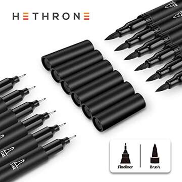 Hethrone Black Markers - Dual Tip Brush Pens 12 Pack