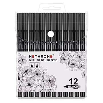 Hethrone Black Markers - Dual Tip Brush Pens 12 Pack