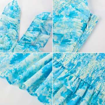 GRACE KARIN Summer Tropical Beach Boho Dresses for Women Flowy A Line Spaghetti Strap Ruffle Tiered Vacation Dresses for Women Floral Blue