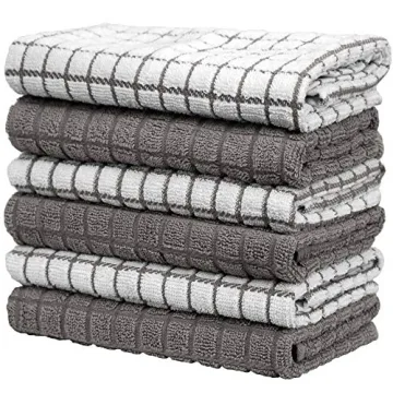 Bumble Kitchen Towels | Highly Absorbent Cotton 6-Pack | Gray Check Design