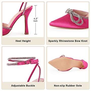 TINSTREE Hot Pink Heels,High Stilettos Strap Ankle Buckle Rhinestones Sandals for Women Satin Wedding Shoes Pointy Toe Stiletto Sandals Pump Sandals Slingback Kitten Heel Rose Red,09