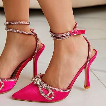 TINSTREE Hot Pink Heels,High Stilettos Strap Ankle Buckle Rhinestones Sandals for Women Satin Wedding Shoes Pointy Toe Stiletto Sandals Pump Sandals Slingback Kitten Heel Rose Red,09