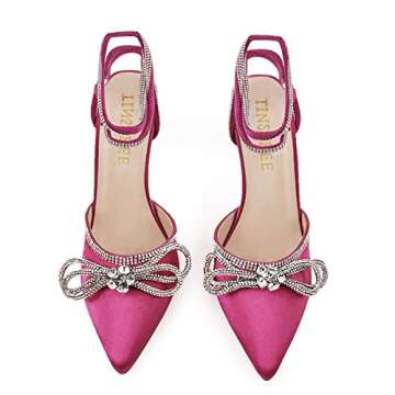 TINSTREE Hot Pink Heels,High Stilettos Strap Ankle Buckle Rhinestones Sandals for Women Satin Wedding Shoes Pointy Toe Stiletto Sandals Pump Sandals Slingback Kitten Heel Rose Red,09