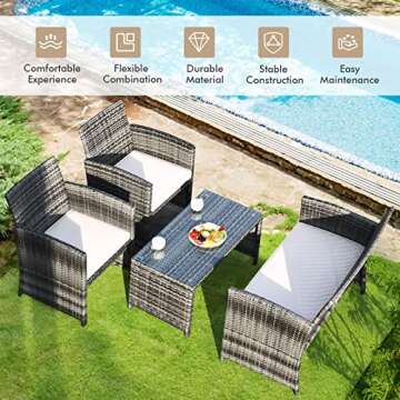Goplus 4-Piece Rattan Patio Furniture Set, Outdoor Wicker Conversation Sofa with Weather Resistant Cushions and Tempered Glass Tabletop for Lawn Backyard Pool Garden (Beige)