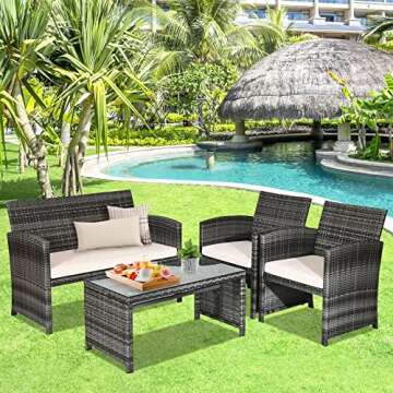 Goplus 4-Piece Rattan Patio Furniture Set, Outdoor Wicker Conversation Sofa with Weather Resistant Cushions and Tempered Glass Tabletop for Lawn Backyard Pool Garden (Beige)