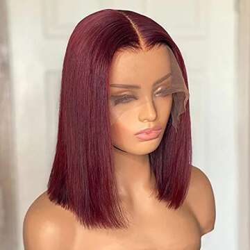 Smartinnov 99J Human Hair Wigs Glueless Lace Front Bob Wig Burgundy 13x4 Lace Frontal Pre plucked with Baby Hair 14Inch Silky Straight Bleached Knots Wig 180% Density Middle Part Red Colored