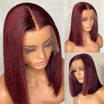 Smartinnov 99J Human Hair Wigs Glueless Lace Front Bob Wig Burgundy 13x4 Lace Frontal Pre plucked with Baby Hair 14Inch Silky Straight Bleached Knots Wig 180% Density Middle Part Red Colored