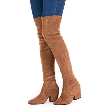 Mtzyoa Over The Knee Boots for Women Brown Size 8 Suede Block Heel Thigh High Long OTK Winter Stretch Above Knee Pointed Toe