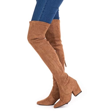Mtzyoa Over The Knee Boots for Women Brown Size 8 Suede Block Heel Thigh High Long OTK Winter Stretch Above Knee Pointed Toe