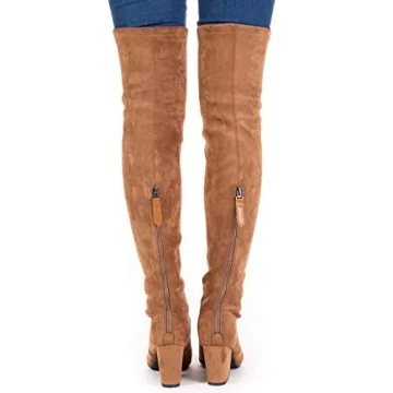 Mtzyoa Over The Knee Boots for Women Brown Size 8 Suede Block Heel Thigh High Long OTK Winter Stretch Above Knee Pointed Toe