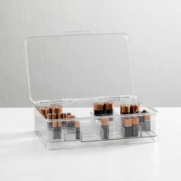 mDesign Plastic Large Stackable Divided Battery Storage Organizer Box with Hinged Lid for AA, AAA, C, D, 9 Volt Sizes, Great Storage for Kitchens, Home Offices, and Utility Rooms - Clear