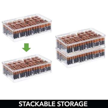 mDesign Plastic Large Stackable Divided Battery Storage Organizer Box with Hinged Lid for AA, AAA, C, D, 9 Volt Sizes, Great Storage for Kitchens, Home Offices, and Utility Rooms - Clear