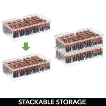 mDesign Plastic Large Stackable Divided Battery Storage Organizer Box with Hinged Lid for AA, AAA, C, D, 9 Volt Sizes, Great Storage for Kitchens, Home Offices, and Utility Rooms - Clear