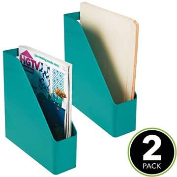 mDesign Plastic Slim Vertical File Folder Storage Organizer Bin with Handle - Hold Notebooks, Binders, Envelopes, Magazines for Home Office, Work Desktops, Ligne Collection, 2 Pack, Teal Blue