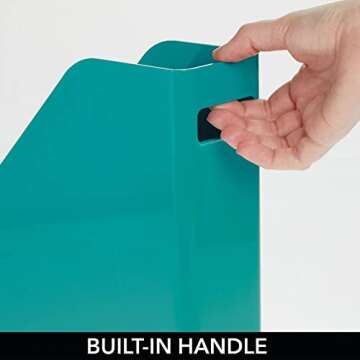 mDesign Plastic Slim Vertical File Folder Storage Organizer Bin with Handle - Hold Notebooks, Binders, Envelopes, Magazines for Home Office, Work Desktops, Ligne Collection, 2 Pack, Teal Blue