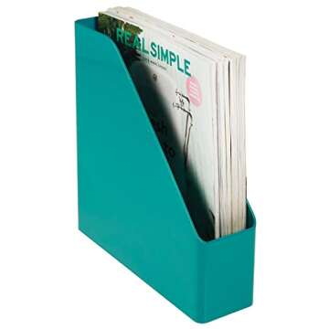 mDesign Plastic Slim Vertical File Folder Storage Organizer Bin with Handle - Hold Notebooks, Binders, Envelopes, Magazines for Home Office, Work Desktops, Ligne Collection, 2 Pack, Teal Blue