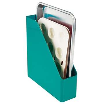 mDesign Plastic Slim Vertical File Folder Storage Organizer Bin with Handle - Hold Notebooks, Binders, Envelopes, Magazines for Home Office, Work Desktops, Ligne Collection, 2 Pack, Teal Blue