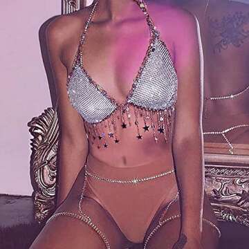 Women Sparkly Rhinestone Mesh Halter Bra Top Sequins Stars Chest Bikini Halter Crop Top Body Chain J...