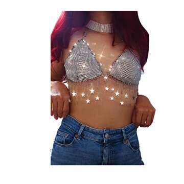 Women Sparkly Rhinestone Mesh Halter Bra Top Sequins Stars Chest Bikini Halter Crop Top Body Chain Jewerly for Festival Party Top